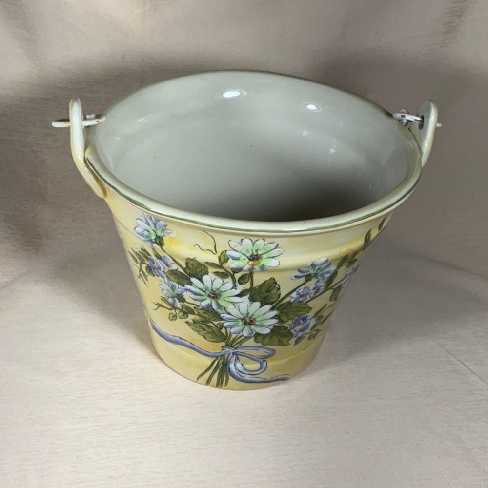 Vintage Italian Style Hand Painted Floral Ceramic Cachepot / Planter